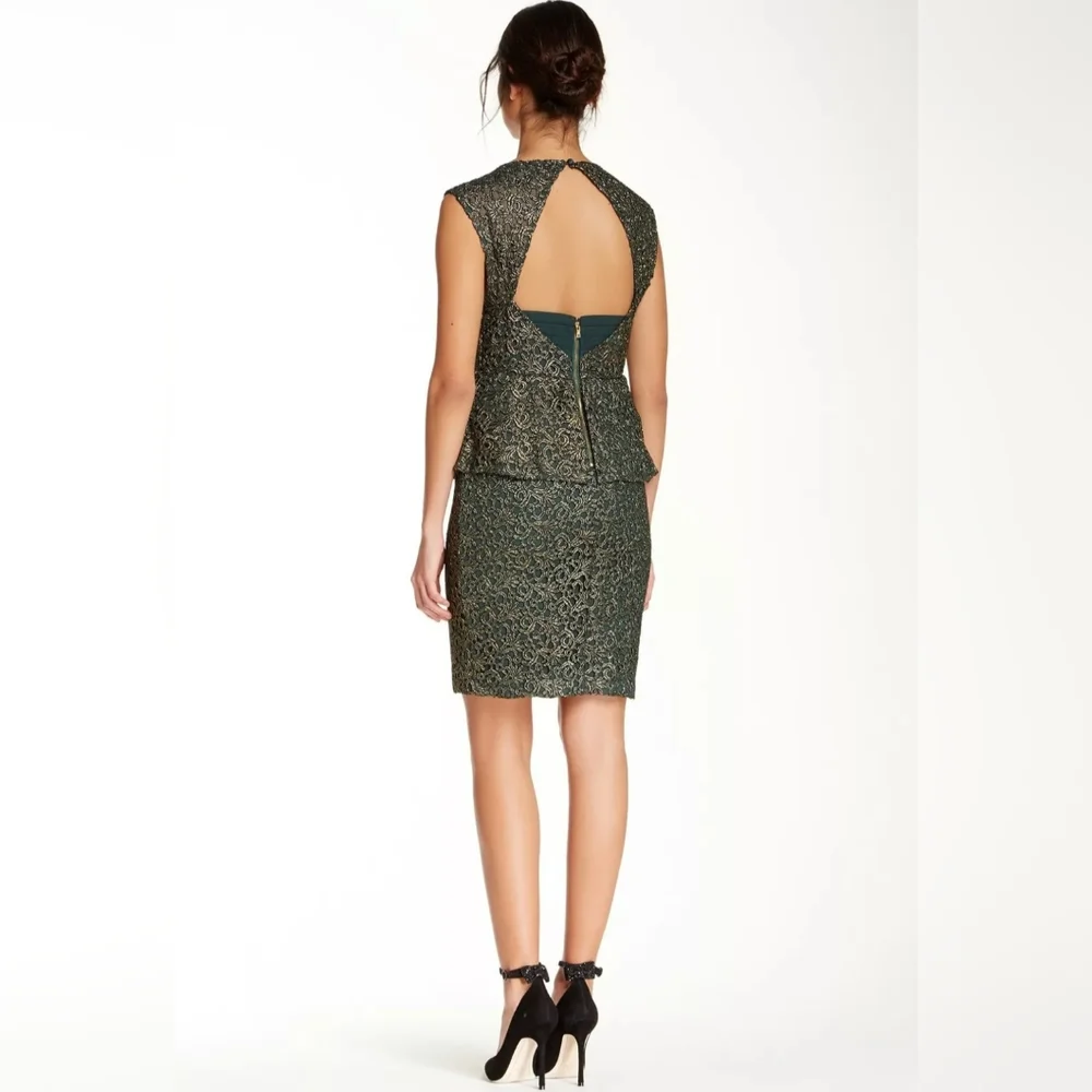 Alice + Olivia Shovan Green Gold Metallic Lace Peplum Open Back Dress Size 2